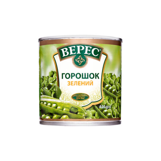 Горошок Верес зелений консервований, ж/б 420/273гр (420гр*12шт)